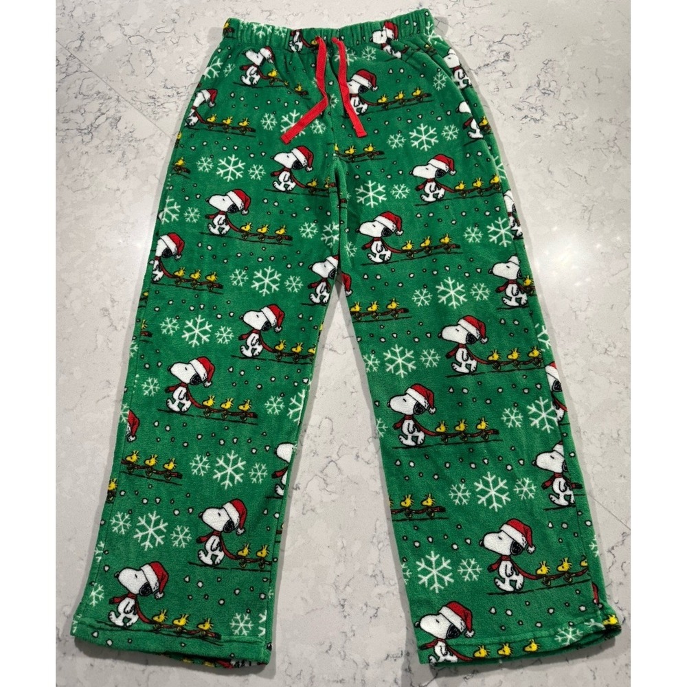 Snoopy Peanuts Pajama Pants Mens Large‎ Green Fleece Christmas Happy Holidays